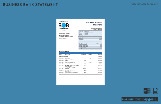 Beispielvorschau eines Kontoauszugs des Unternehmenskontos der Bank von Bhutan (Word- und PDF-Format)